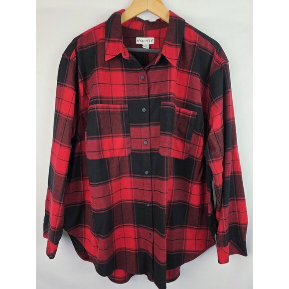 Ava & Viv Women's Flannel Shirt Size XXL Red Plaid Long Sleeve Button Down Top - Picture 1 of 11